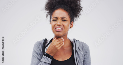 Fototapet Infection, portrait and sore throat with woman on studio space for cold, flu or virus symptoms
