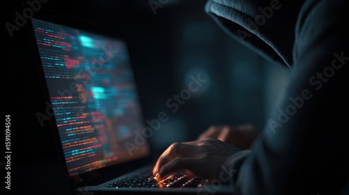 A shadowy figure typing on a laptop, illuminated by the glow of the screen, depicting the world of cyber activity.