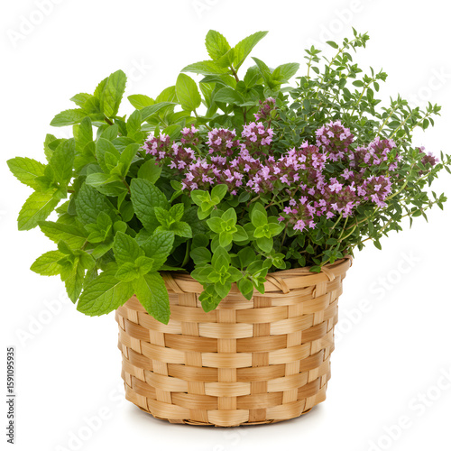 Fresh herbs in a beautiful wicker  basket on white background