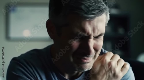 A man cries, holding his shoulder in pain