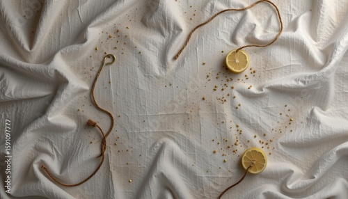 a wooden surface with yellow fruit scattered around. a necklace with several yellow beads is laid out on this surface