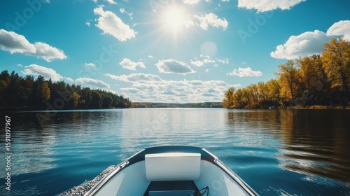 Fototapeta Naklejka Na Ścianę i Meble -  Low angle of a boat on a Minnesota lake on a sunny day