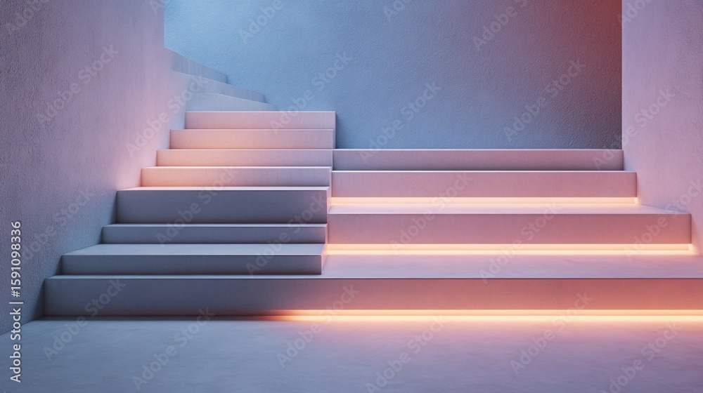 Obraz premium Illuminated stairs, modern interior, glowing steps, product display, architectural backdrop