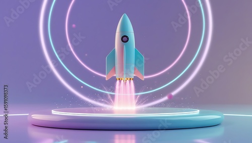Rocket launch startup business concept with neon light and platform stage