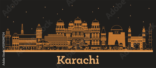 Outline Karachi Pakistan City Skyline with orange Buildings. Business Travel and Concept with Historic Architecture. Karachi Cityscape with Landmarks.