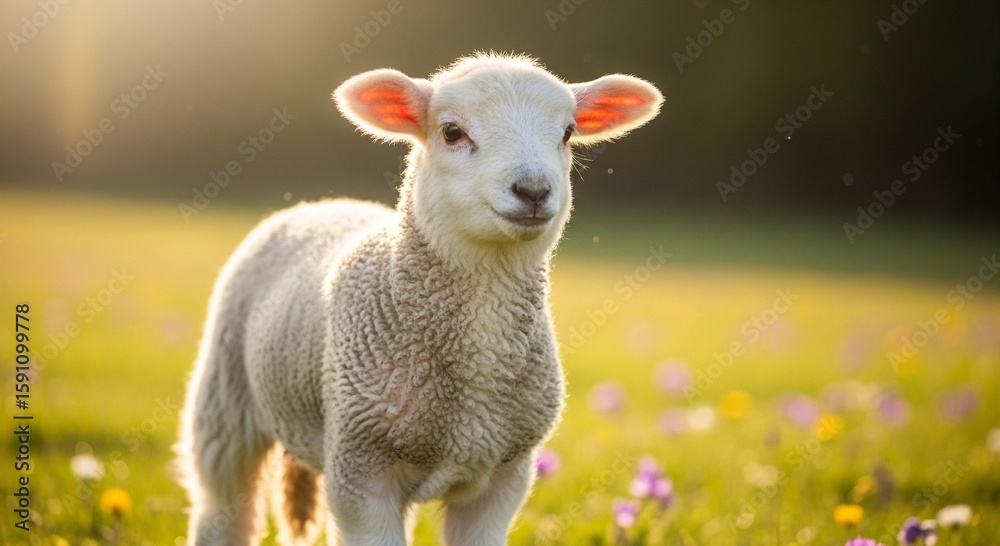 Obraz premium A fluffy white lamb stands in a sunlit meadow, wildflowers blooming around it.