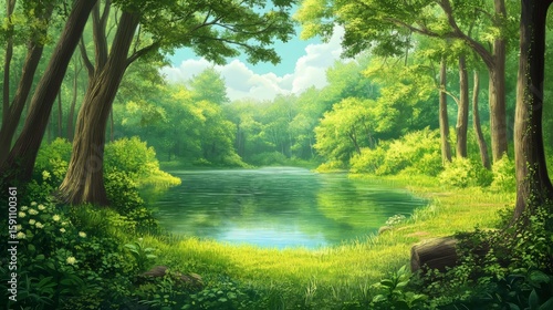 Lush green view from a small lake surrounded by trees in a forest