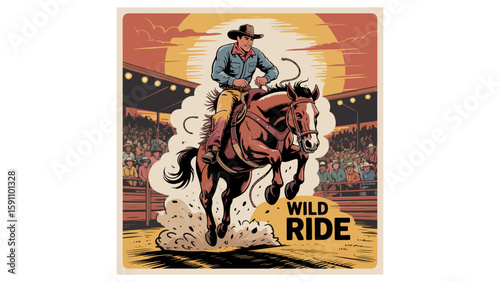 Vintage Rodeo Poster – Cowboy Riding Bucking Bronco in Action

