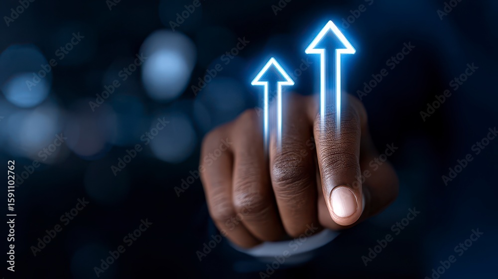 Business Growth and Strategic Direction Concept Professional Touching Upward Arrows Symbolizing Success and Progress in Media and Marketing. Elevating enterprise advancement a visual Business Growth and Strategic Direction Concept Professional Touching Upward Arrows Symbolizing Success and Progress in Media and Marketing. Elevating enterprise advancement a visual