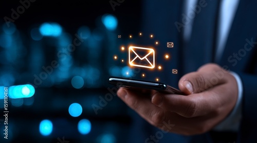 Business Professional Using Mobile Email Communication with Digital Messaging Icons Overlay. Enhancing workplace productivity via smartphone correspondence and digital communication tools.