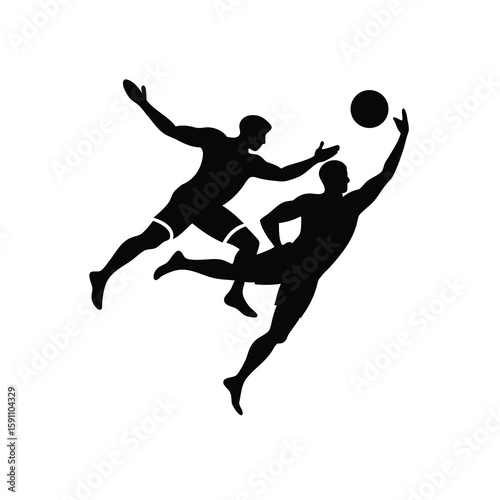 Dynamic sports illustration of two athletes competing for a header in mid air