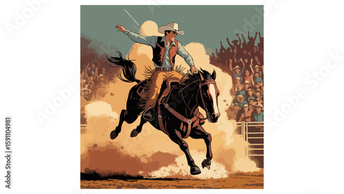 Vintage Rodeo Poster – Cowboy Riding Bucking Bronco in Action

