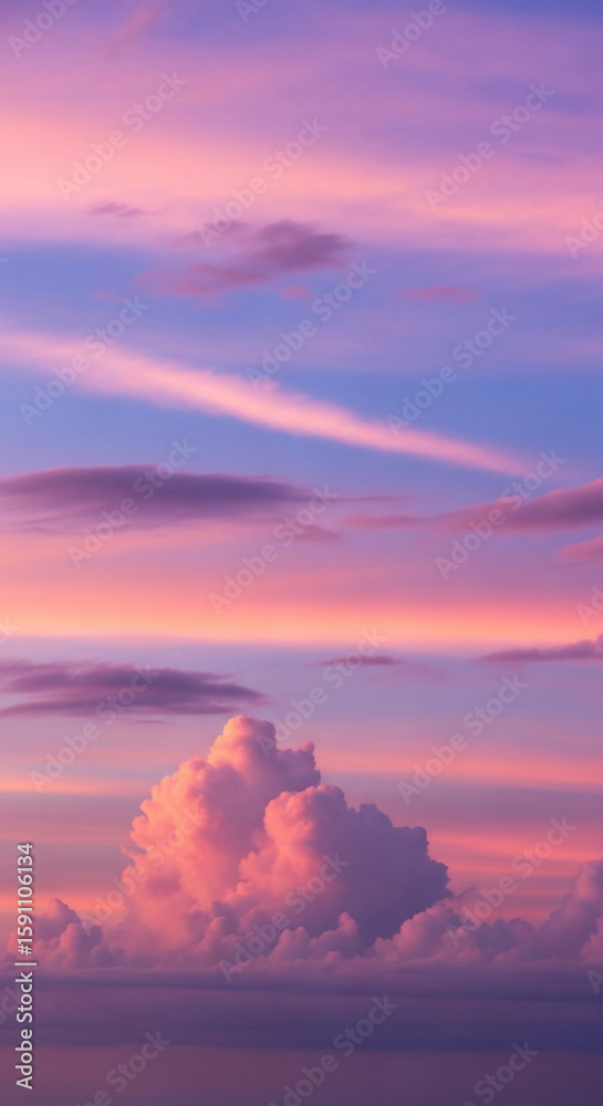 Naklejka premium Vibrant Pastel Sunset Sky with Fluffy Pink Clouds