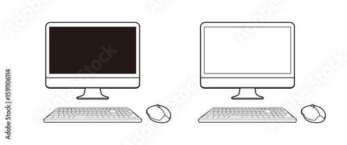 デスクトップPCの線画イラストセット
