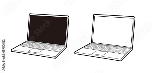 ノートパソコンの線画セット　斜め