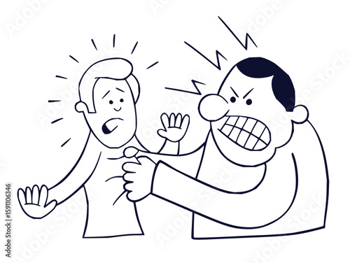 An angry man grabs the shirt of a frightened man with visible shock and fear in this black and white drawing
