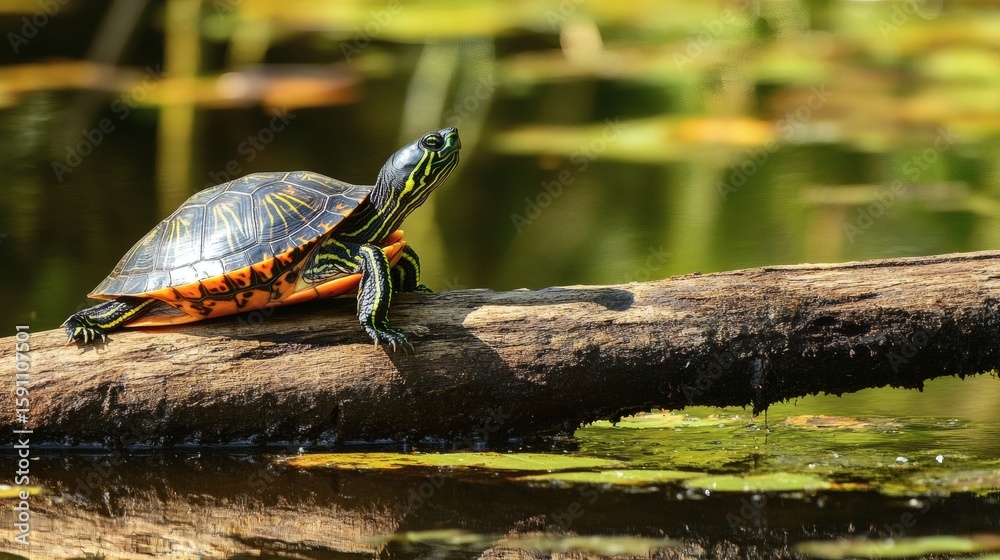 Fototapeta premium Turtle resting on a log in a tranquil pond.