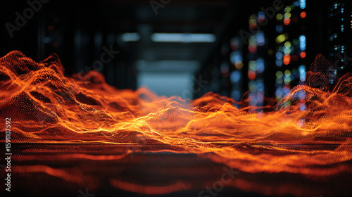 A photo of abstract data streams burning like fire waves on a black screen in a server room at night
