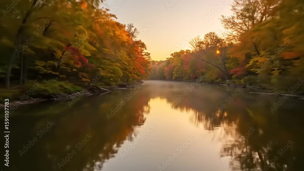 Serene autumn river reflecting colorful foliage at sunset, peaceful nature scene with calm waters Serene autumn river reflecting colorful foliage at sunset, peaceful nature scene with calm waters
