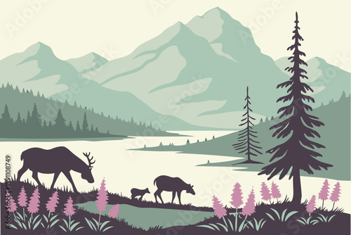 A family of moose grazing beside a patch of tall Alaskan fireweed near a glacial lake with reflections on the water, modern flat illustration style