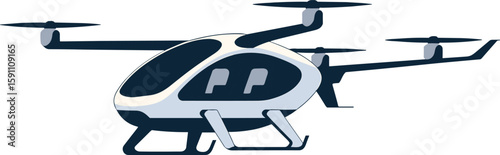 Modern electric air taxi drone, futuristic flying transport vehicle, autonomous aerial mobility design, advanced drone aircraft, smart city flight solution