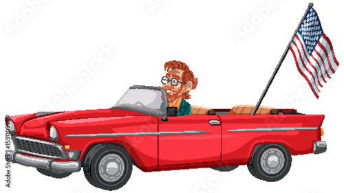 Retro Convertible with American Flag Illustration