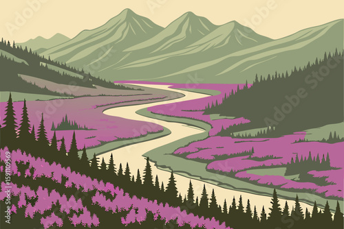 An aerial view of Alaskan fireweed blanketing a valley, with winding rivers cutting through the purple bloomscape, modern flat illustration style