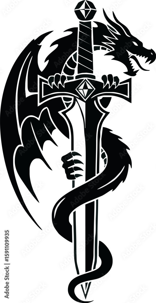 A stylized dragon holding a sword, a powerful graphic design.