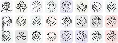Healthcare support icons, charity and care symbols, hands holding heart, medical help design, pet care, wellness line icon set