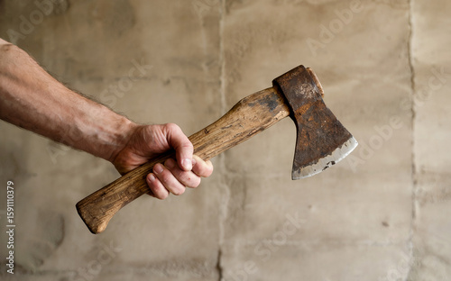 Man's hand holding a rusty vintage axe against a textured wall.