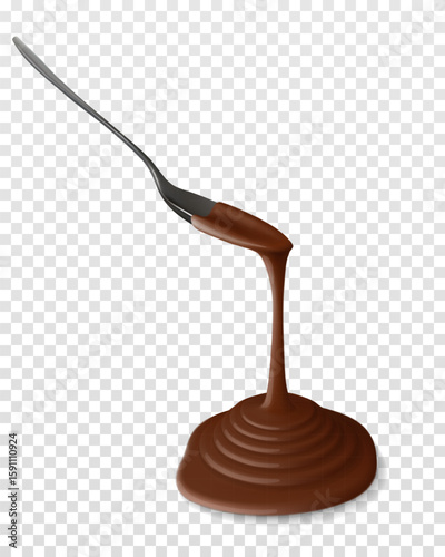 Vector realistic liquid chocolate flowing from a spoon. Cocoa syrup or molten hot butter cascading from a tilted scoop forming multilayer puddle.