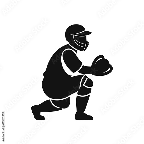 Baseball catcher in defensive stance ready to receive pitch with mitt raised high