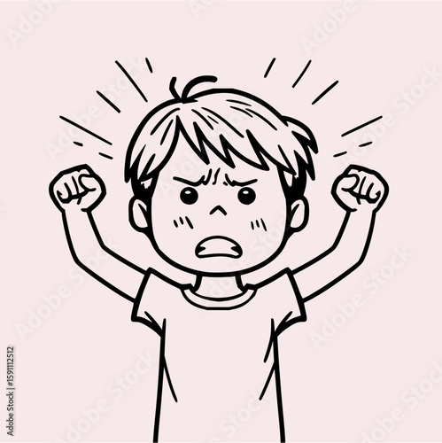 Illustration of an angry young boy with fists raised and an upset expression on his face showing frustration