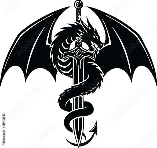A fierce black dragon coiled around a medieval sword, its wings spread wide, creating a powerful emblem.