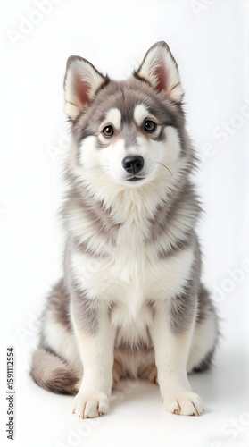 Pomsky dog sitting against white background