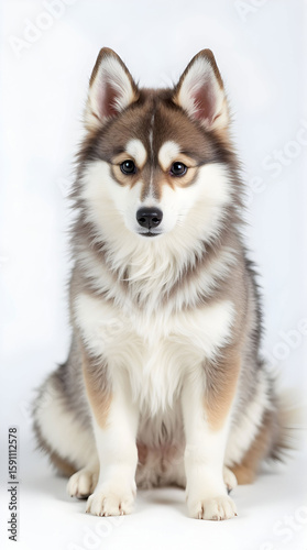 Pomsky dog sitting against white background