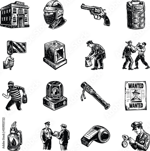 Set of Police Art Vintage Style Illustrations 


