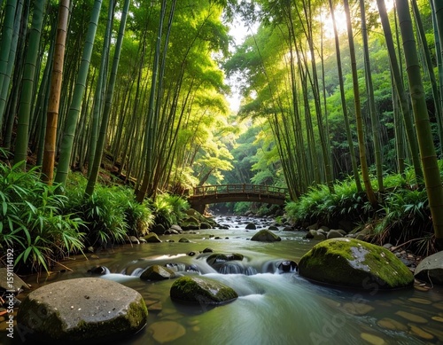 Lush bamboo forest with flowing stream and bridge