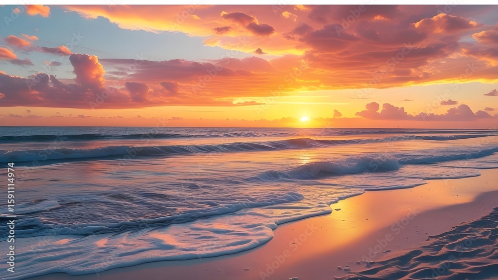 Fototapeta premium Serene Ocean Sunset with Colorful Skies and Gentle Waves on the Shore