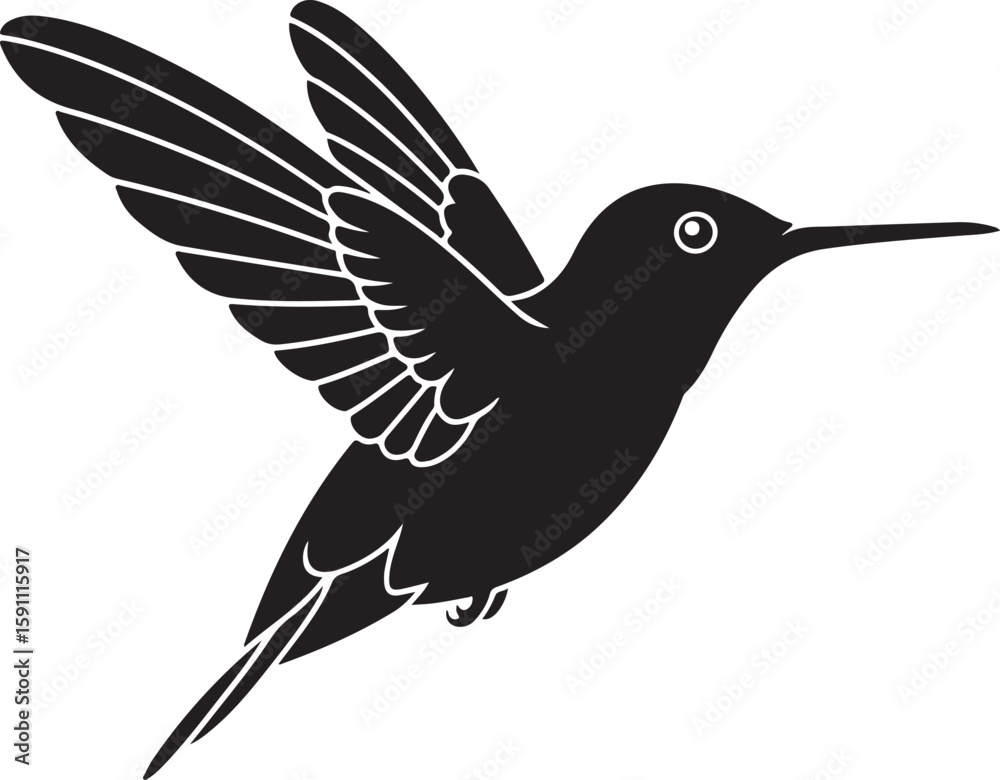 Fototapeta premium A black and white minimalist illustration of a hummingbird in flight.