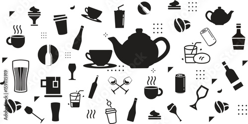 Hot drinks and beverages silhouette icon set – solid style coffee, tea, and refreshment symbols for menu design: teacup, iced drink, cappuccino, smoothie, latte, soda.