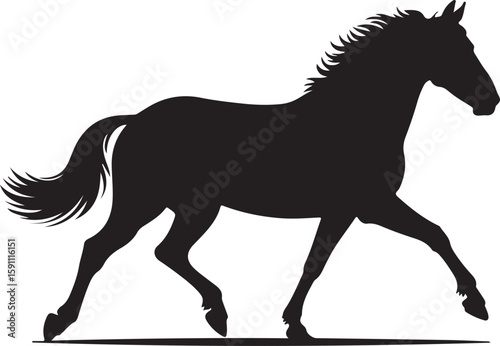 A black silhouette of a horse in motion against a pure white background. 