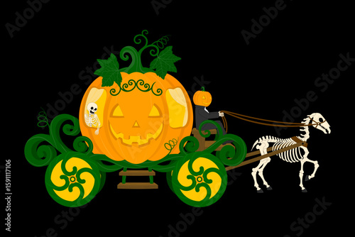 A Whimsical Halloween Illustration of a Pumpkin Carriage Pulled by a Demon Horse. Halloween Cinderella Pumpkin Carriage with Jack-o'-Lanterns and Skeleton Horse. Spooktacular Trick or Treat Night.