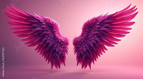 Vibrant magenta angel wings spread against a soft pink background feather