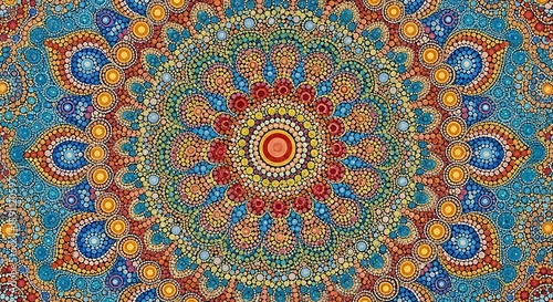 Intricate colorful mandala art with dot painting technique and symmetrical composition