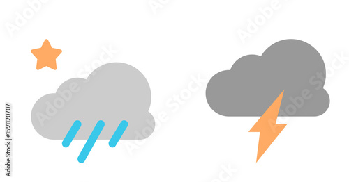 Flat Design Weather Icons: Rain Cloud, Lightning Storm, and Star Rating