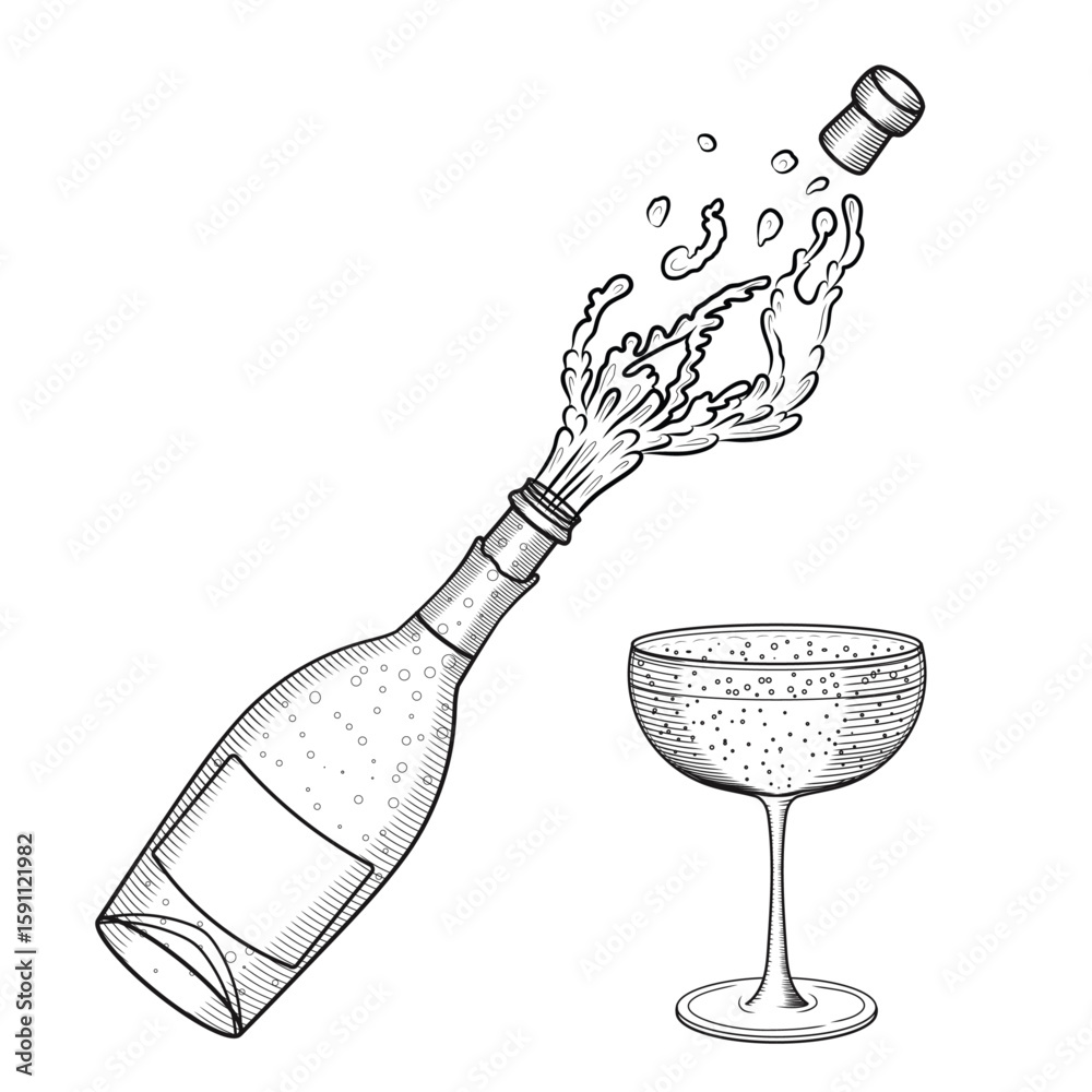 Bottle of opening and exploding champagne with retro glass wide vector hand drawn illustration in sketch style. Line art of festive sparkling alcoholic drink. Retro engraving for bar and menu.