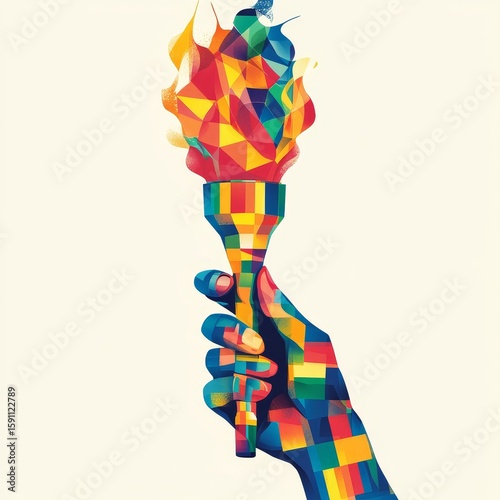 Hand holding the Olympic torch in a colorful, bright illustration, representing the Olympic Games and the celebration of sportsmanship and global unity, Generative AI