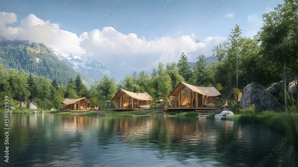 Naklejka premium Summer camp on an alpine lake with surrounding nature