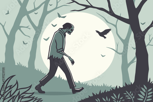 Zombie with a half-exposed skull and rotting arm walks aimlessly across a moonlit forest clearing filled with crows and mist, in modern flat illustration style.
